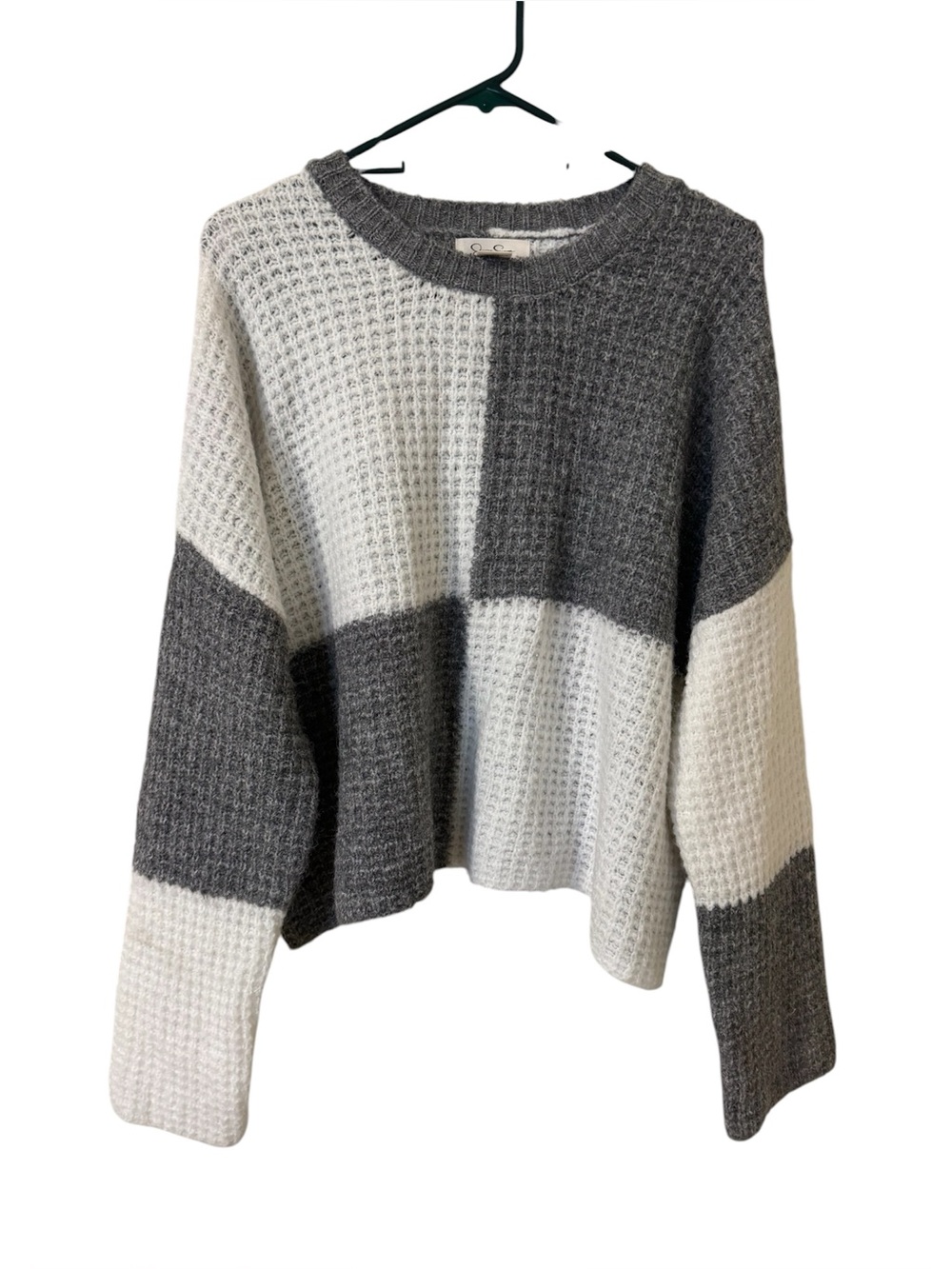 Jessica Simpson Gray White Checkerboard Colorblock Waffle Knit Sweater M
